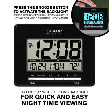 Sharp Atomic Desktop Clock – Auto Set Digital Alarm Clock - Atomic Accuracy - Easy to Read Screen with Time/Date/Temperature Display- Perfect for Nightstand or Desk