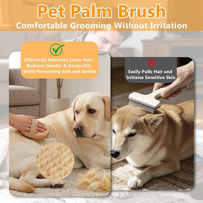 Soft Boar Bristle Pet Palm Brush for Short Haired Dogs Cats, Reduce Shedding, Ergonomic Easy-Hold Design, Reduces Wrist Stress for Daily Grooming
