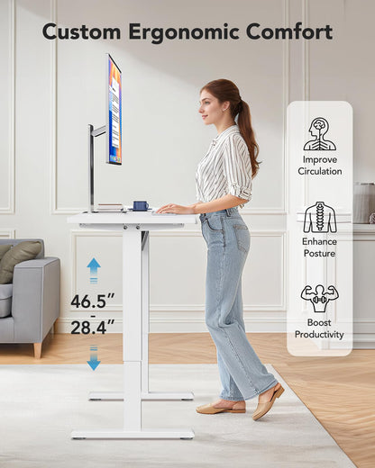 HUANUO Electric Small Standing Desk, 35" x 20" Whole Piece Desktop, Adjustable Height Computer Desk, 4 Height Memory Settings, Sit Stand Up Desk for Home Office, White