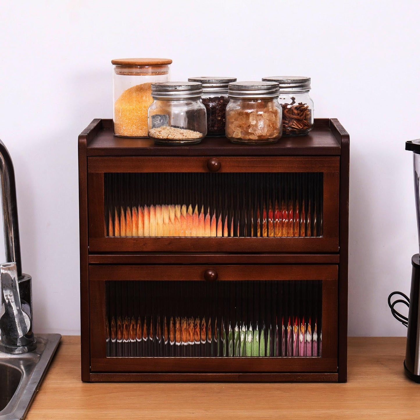 FDHUIJIA Double 2 Layer Large Bread Box for Kitchen Counter, Wooden Bread Storage Container Organizer Holder with Acrylic Window (brown)