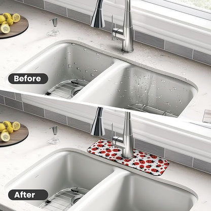 Kitchen Sink Splash Guard Faucet Mat Ladybug Cartoon 15"x5.5", Diatom Mat
