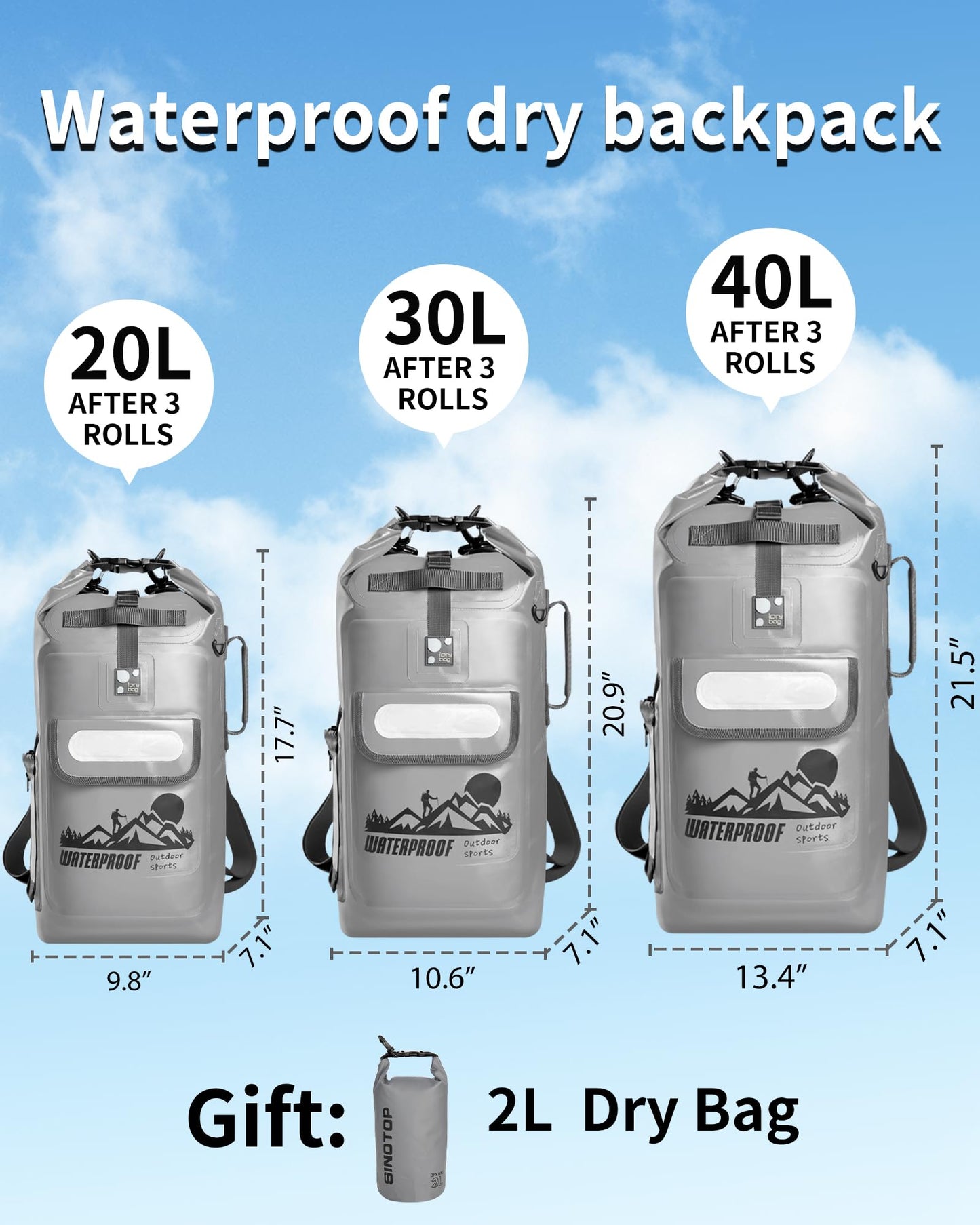 IDRYBAG Dry Bag Backpack Waterproof Floating 20L/30L/40L, Dry Bags Waterproof Backpack for Men, Dry Sack Waterproof Bag Kayak, Gray, 16 long, Hiking Backpack
