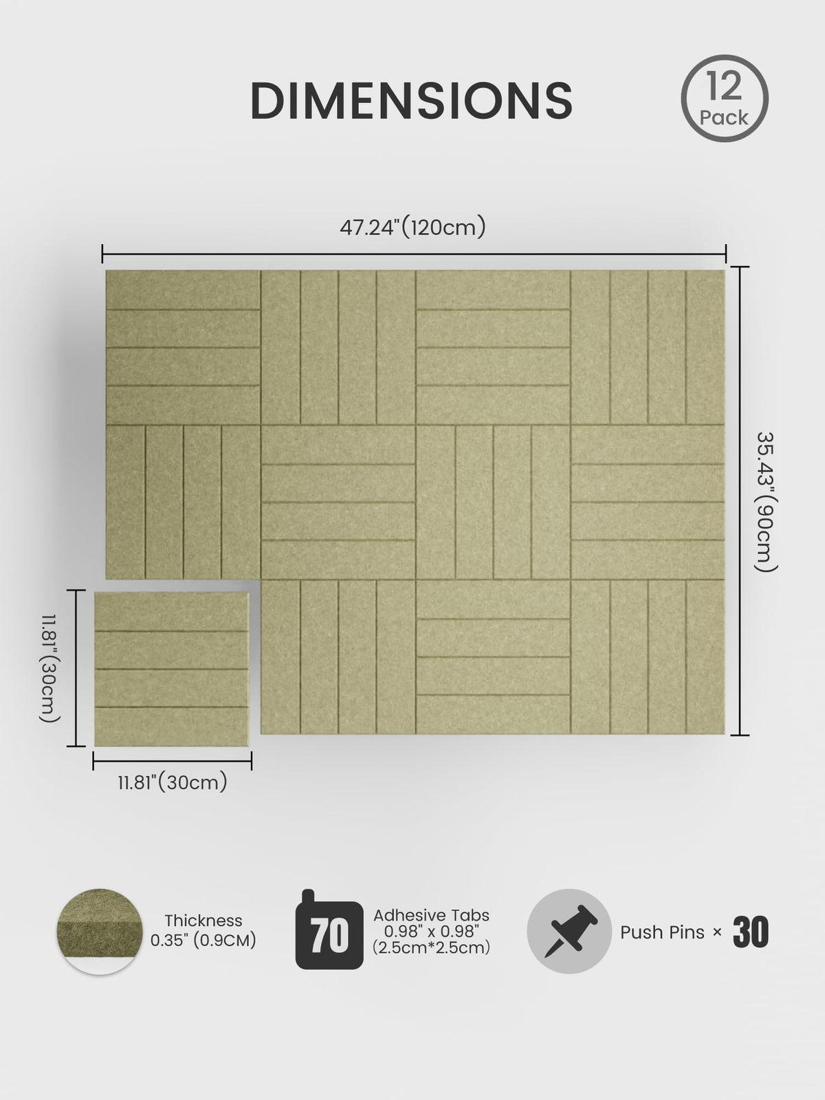 Bumusty Large Cork Board Alternative-48 x 36" Felt Bulletin Board Tiles, with 30 Pushpins, 70 Adhesive Tabs, Bold-Stripe 12-Pack, Cork Boards for Office Push Pin Board Felt Board-Olive Green