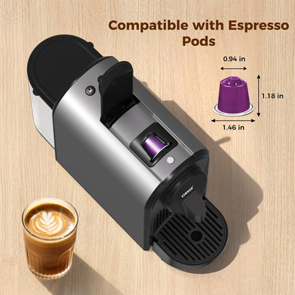 CHULUX Compact Espresso Machine, 20 Bar Single Serve Coffee Maker, Dual Brew Sizes for Espresso and Lungo, 1400W Rapid Brewing, Mystic Gray (Upgrade Model)