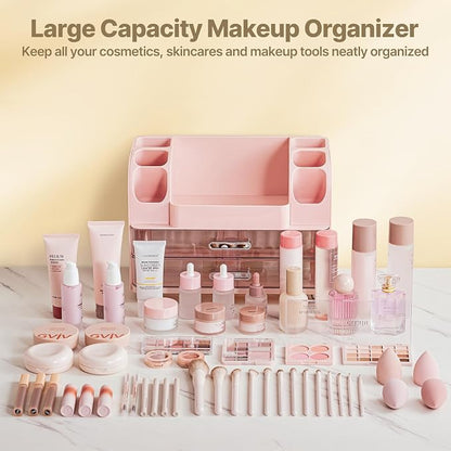 Makeup Organizer with Brush Holder, Makeup Organizer Countertop with 2 Drawers, Make up Organizers for Vanity, Vanity Organizer, Makeup Storage For Skin Cares,Makeup Brushes,Lipsticks,Perfumes(Pink)