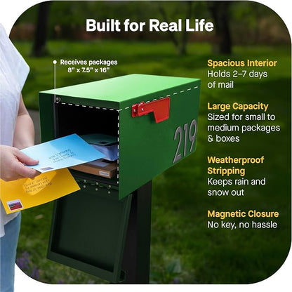 Adoorn Post Mount Outdoor Mailboxes - Large Decorative Mailbox for Letters and Packages - Weatherproof Construction - Durable Steel - Magnetic Closure - 9.5” H x 9.5” W x 20.75” D - Forest Green