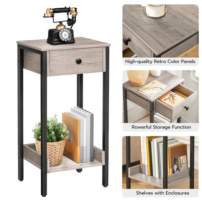 HOOBRO Tall End Table, Nightstand, Industrial Side Table with Drawer and Storage Shelf, for Study, Bedroom, Space Saving, Greige and Black BG71BZ01