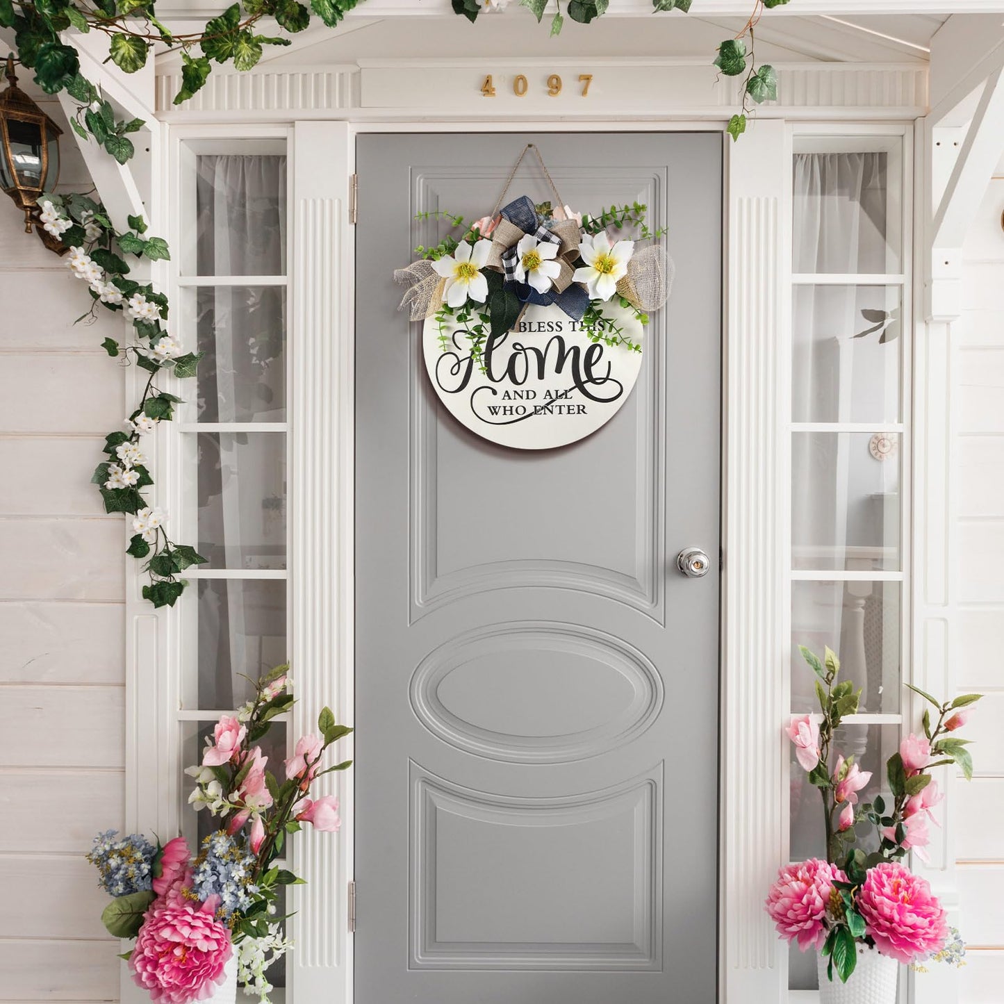 Kathfly Bless This Home and All Who Enter Wooden Front Door Sign Welcome Sign for Front Door Magnolia Summer Wreath 12 Inch Christian Home Decor Jesus Round Rustic Wall Hanging Decor for All Season