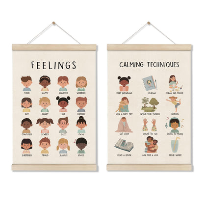 Feelings Chart, Emotions Learning Posters for Toddler, Mental Health Posters Hanger Frame, Set of 2 Kids Montessori Educational Artwork, Canvas Wall Art Decor for Counseling Office 16x12 Inch