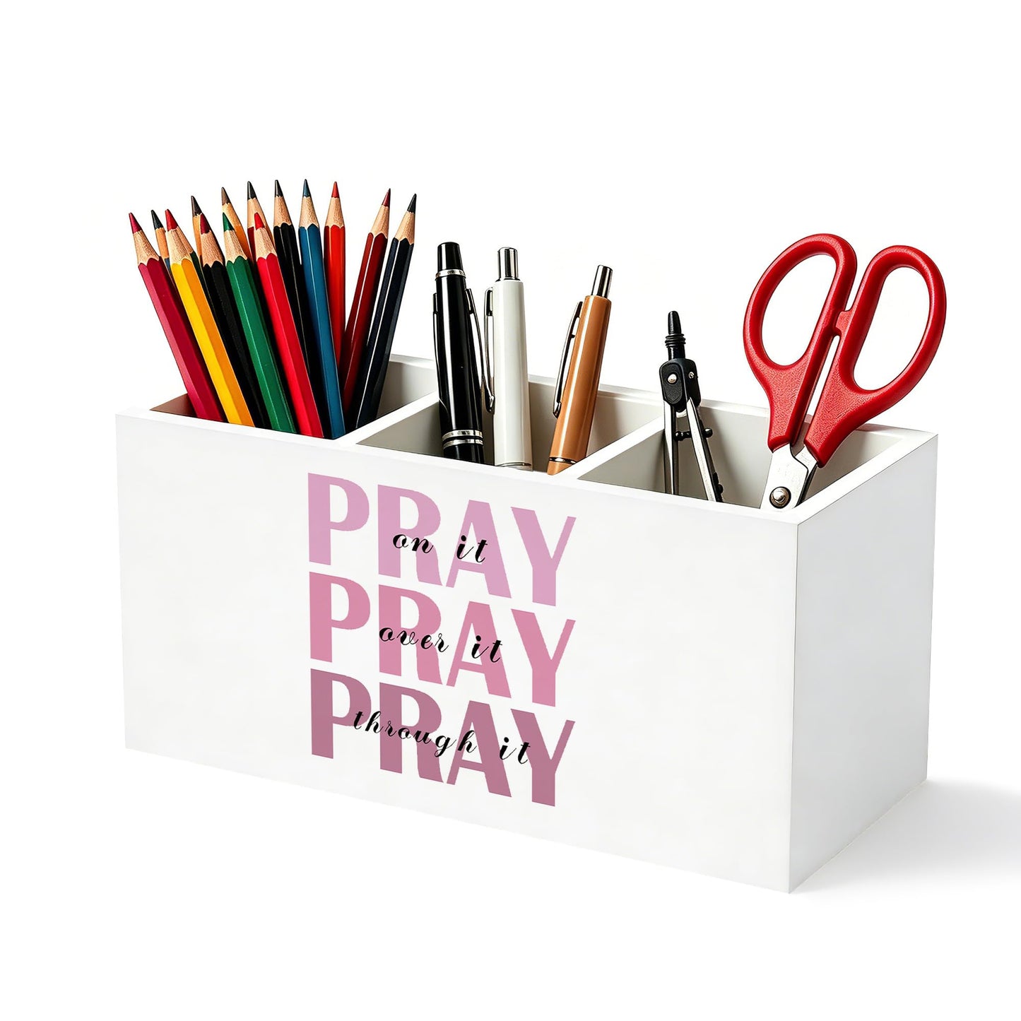 MJYTHNTH Pink Inspirational Bible Verse Pencil Pen Holder for Desk, Christian Gifts for Women, Pray on Over Through It Wooden Box Sign Pen Holder Organizer for Home Office Desk Accessories