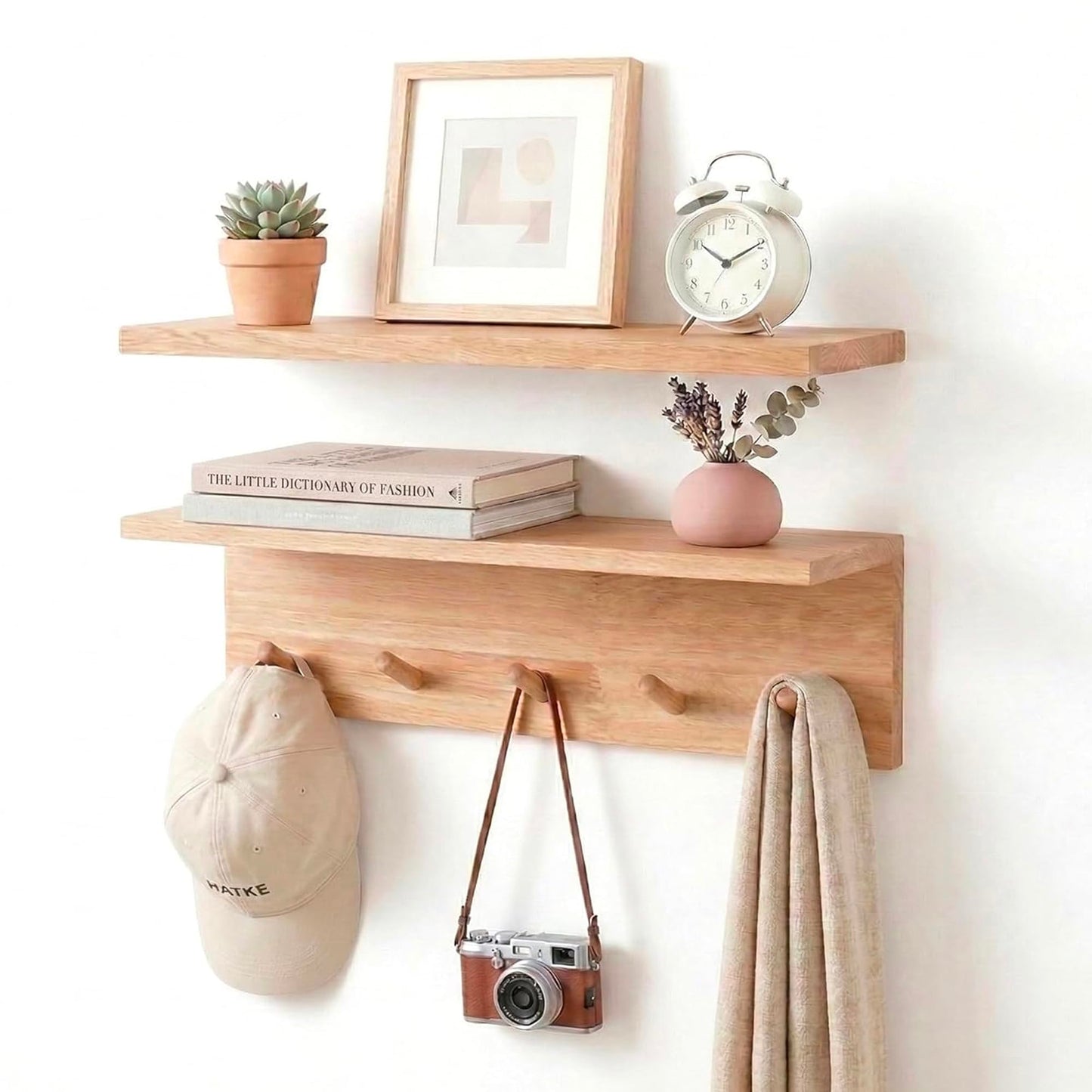RIVERVALLA Floating Wall Shelves with Hooks, Rustic Wood Coat Rack & Storage Organizer for Entryway, Kitchen & Bedroom, Wall Mounted Display Shelf for Books, Plants & Photos