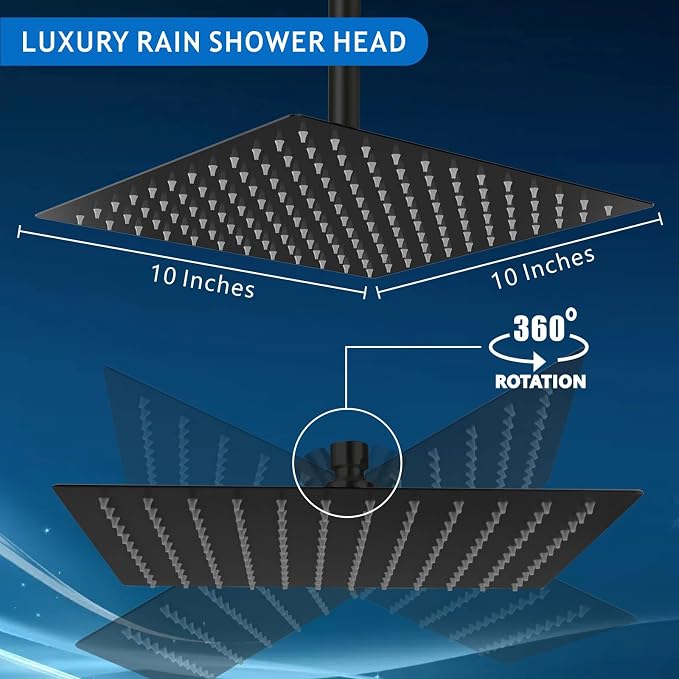 Voolan Rain Shower head, High Pressure Shower Head Made of 304 Stainless Steel, Relaxed Shower Experience Even at Low Water Flow and Pressure (10" Black)