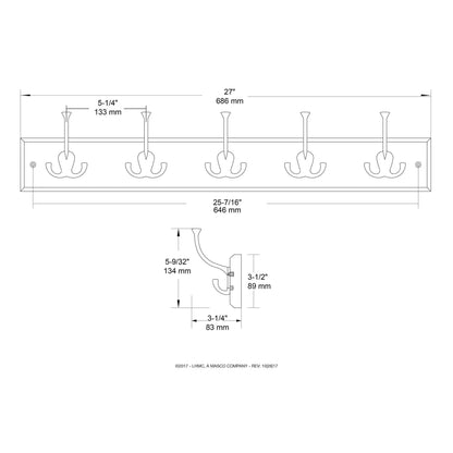 Liberty Hardware 129848 Wall Mounted Coat Rack with 5 Decorative Hooks, 27-Inch, Satin Nickel and White