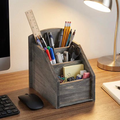 MyGift Rustic Dark Gray Wood Remote Control Holder Organizer Caddy with 3 Compartments, TV & Media Remote Storage Box for Living Room