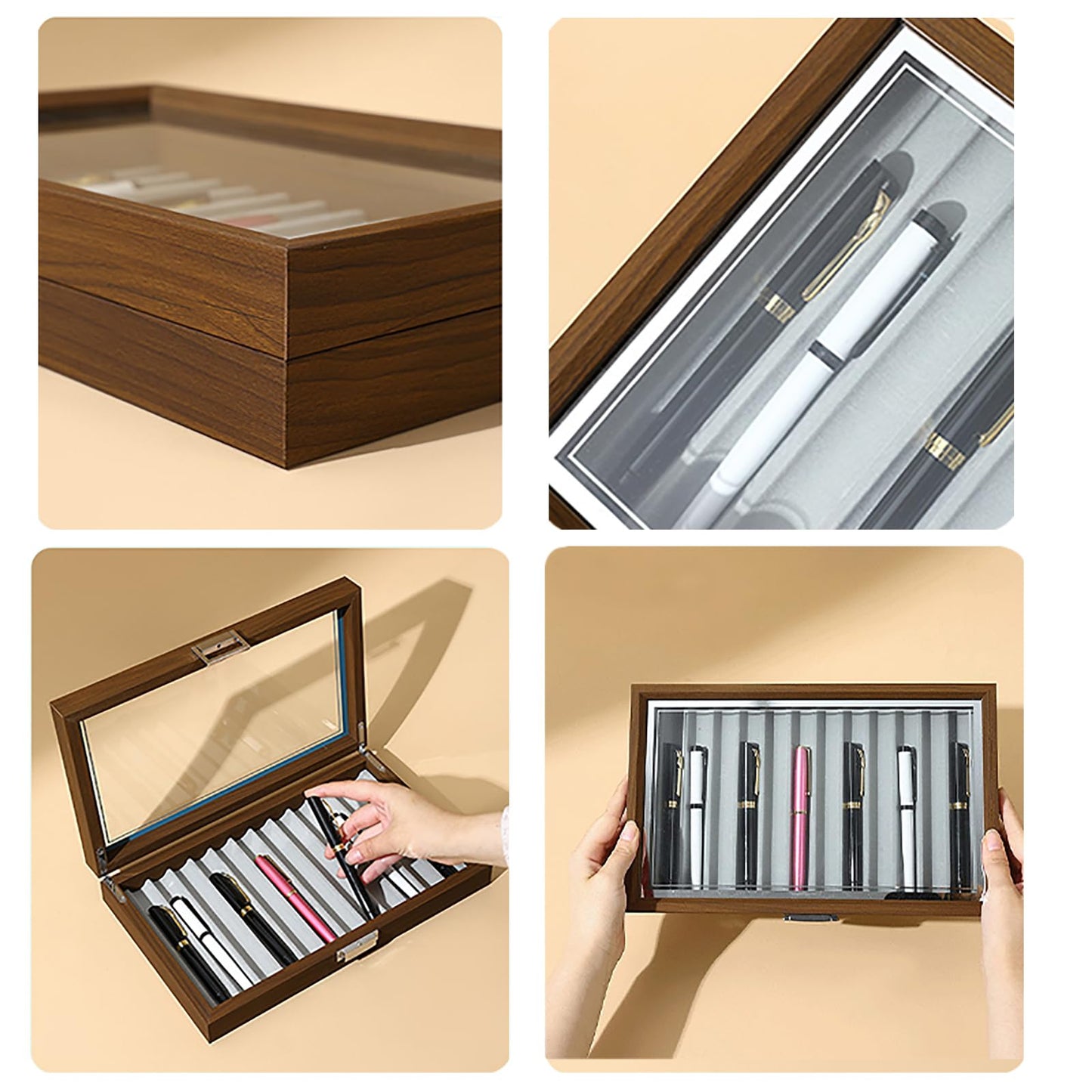 YorHele 12-Slot Fountain Pen Display Box, Black Walnut Wood Pen Organizer with Clear Glass Window, Luxury Pen Storage Case for Fountain Pen Collection Pencil Holders