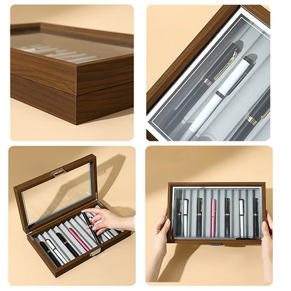 YorHele 12-Slot Fountain Pen Display Box, Black Walnut Wood Pen Organizer with Clear Glass Window, Luxury Pen Storage Case for Fountain Pen Collection Pencil Holders