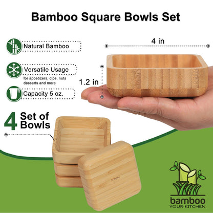 ZTHapwa Bamboo Wooden Bowls Set, 4-inch Square Snack Bowls for Appetizers, Dips, Nuts Desserts and More, Small Reusable Wooden Serving Bowl for Dinner Party and Entertaining, Eco Friendly (4 Pcs)
