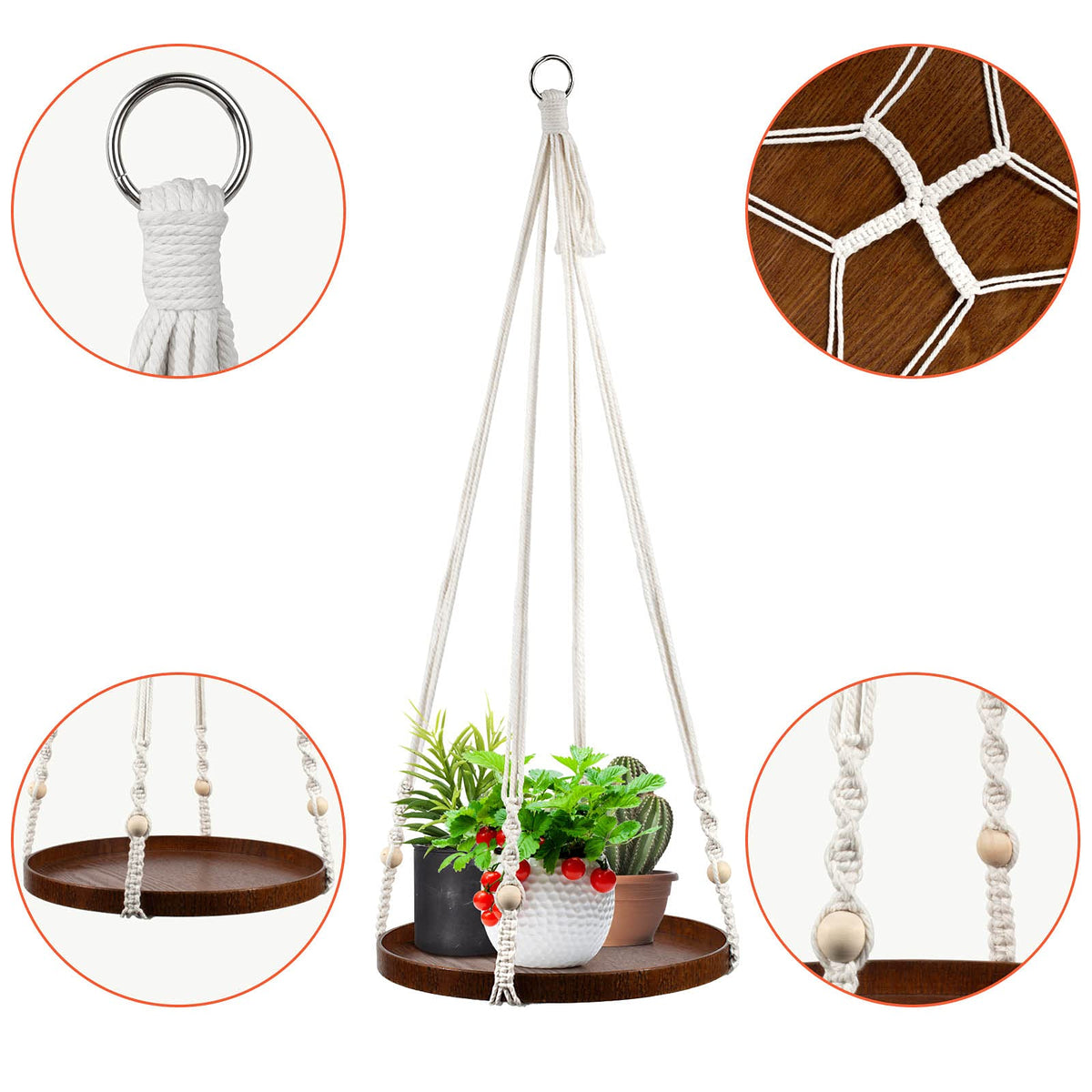 E-Know Macrame Plant Hanger - 2 Set Indoor Hanging Planter Shelf - Hanging Planter Rack Decorative Flower Pot Holder - Handmade Cotton Plant Hangers with Wood Tray Boho Home Decor