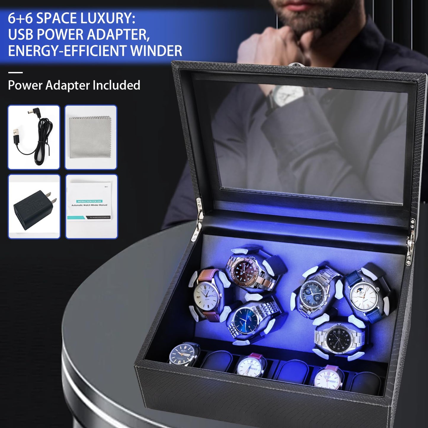 hightall Luxury Automatic Watch Winder for Rolex/Omega/Cartier | 6+6 for Automatic Watches with Whisper-Quiet Motor (<5dB), Anti-Scratch Memory Foam & Stable Base | Snakeskin PU,With Plug