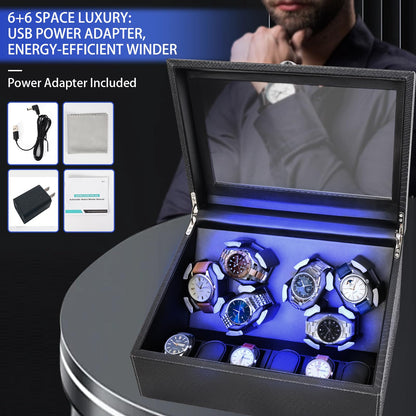 hightall Luxury Automatic Watch Winder for Rolex/Omega/Cartier | 6+6 for Automatic Watches with Whisper-Quiet Motor (<5dB), Anti-Scratch Memory Foam & Stable Base | Snakeskin PU,With Plug