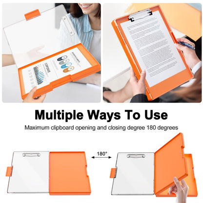 Piasoenc Clipboard with Storage, 8.5 x 11 Clip Boards with 2 Storage Case and A4 Paper Folder, Clear Dry Erase Top Panel, Heavy Duty Plastic, Folio & Side Opening, for Nurses, Teachers, Lawers,Orange