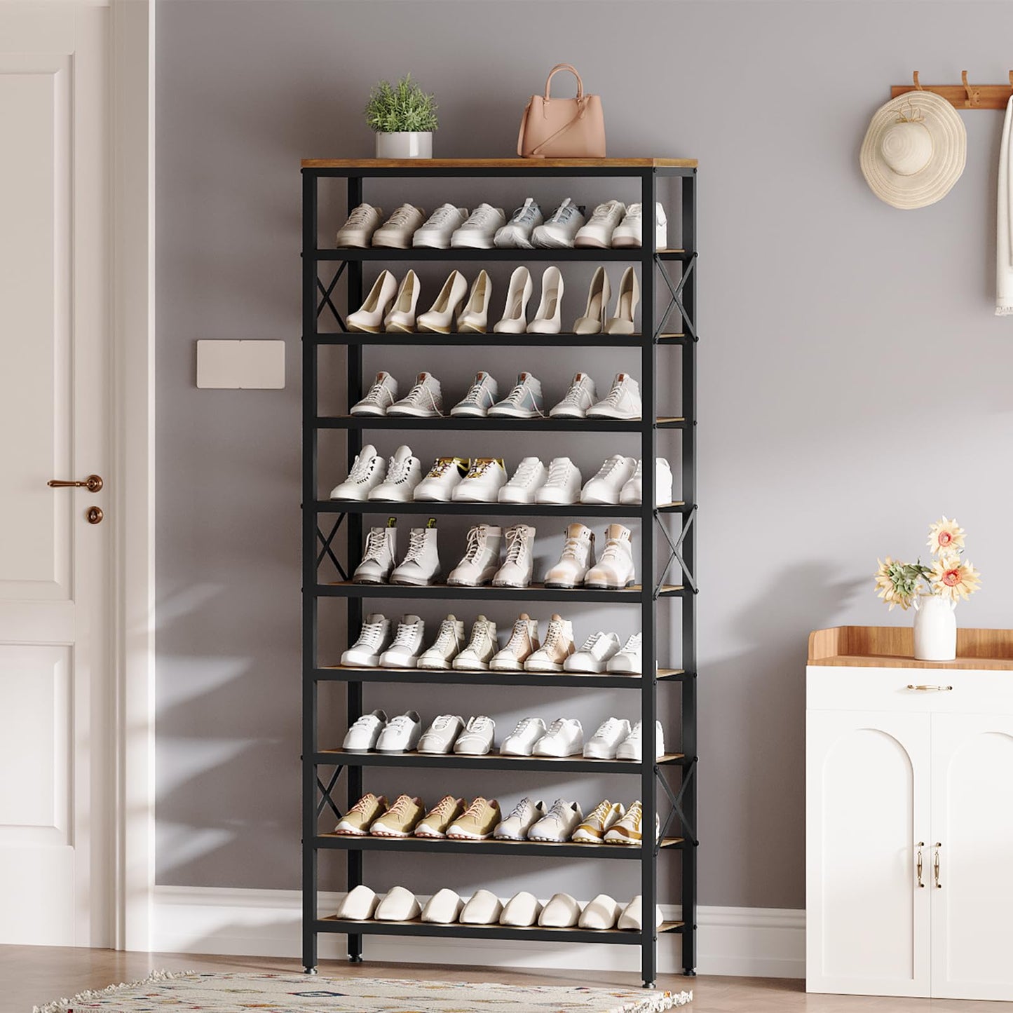 YATINEY 10-Tier Tall Shoe Rack and 8-Tier Tall Shoes Rack, Slim Shoe Organizer for Entryway, Thin Shoe Rack for Closet, Narrow Shoe Storage Shelf with Wooden Panel, Space Saving SS210BR-SS18BR