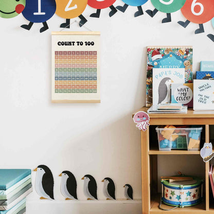 TLESKE Boho Classroom 1-100 Number Hundreds Chart Poster Hanger Frame, Homeschool Hanging Wall Art Decor for Toddlers Kids Room Nursery Playroom, Preschool Prek Learning Educational Poster, 12x16