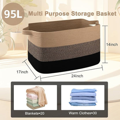 OIAHOMY Extra Large Blanket Basket, 95L Cotton Rope Woven Laundry Basket