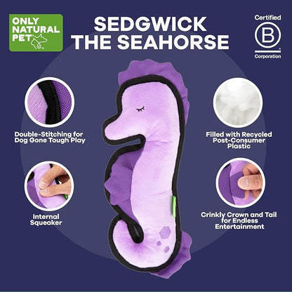 Only Natural Pet Sea Creatures Recycled Plush Dog Toys - Durable Double-Stitched Design with Internal Squeaker, Crinkle Coronet & Squishable Belly - Squeaky Pet Toy | Sedgwick The Seahorse, 4" x 11"