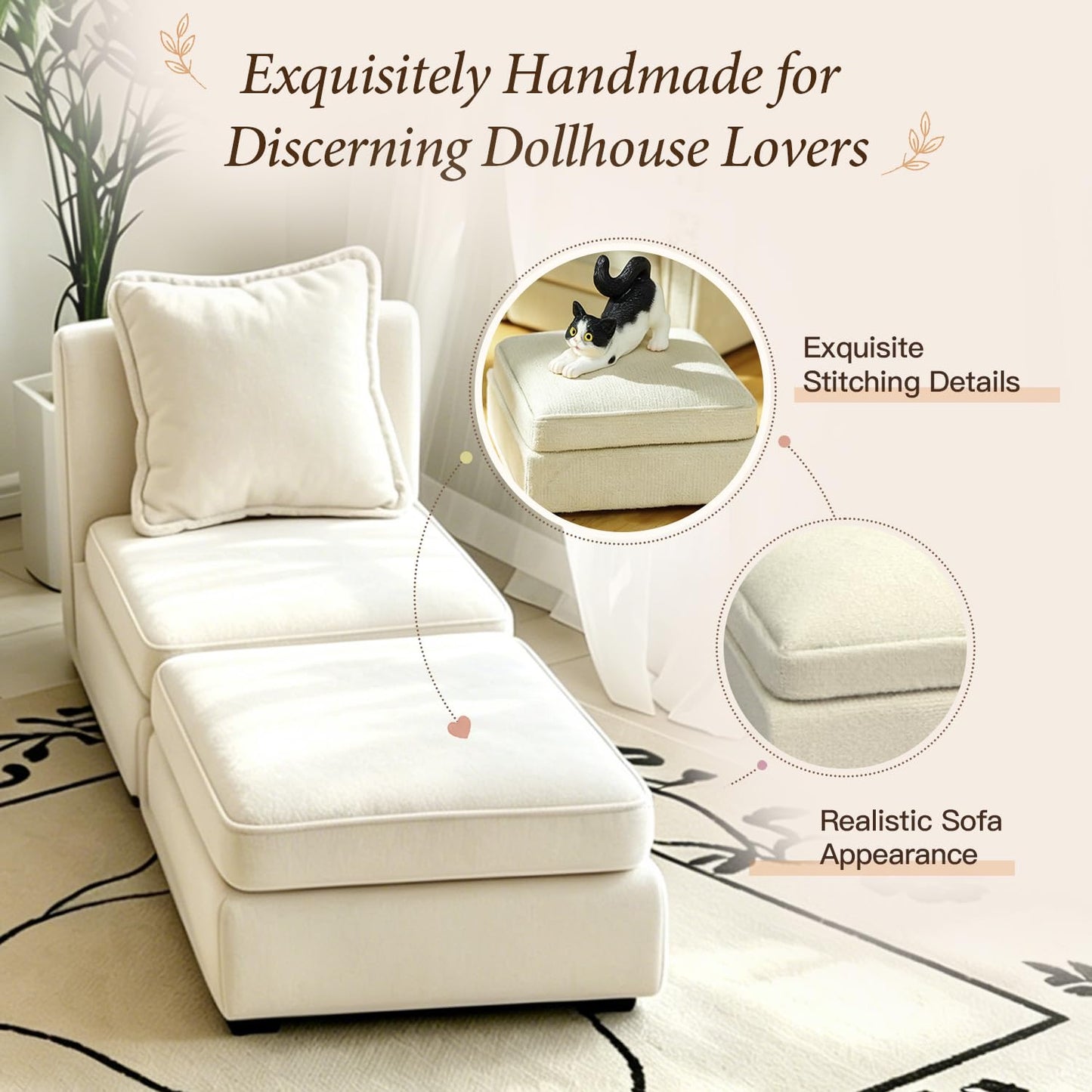 iLAND Dollhouse Furniture Sectional Dollhouse Couch Set White Velvet Sofa, Miniature Chair Doll House Furniture, Modern 1/12 Scale Miniature Living Room Decor and Accessories fit 4-6”Action Figures