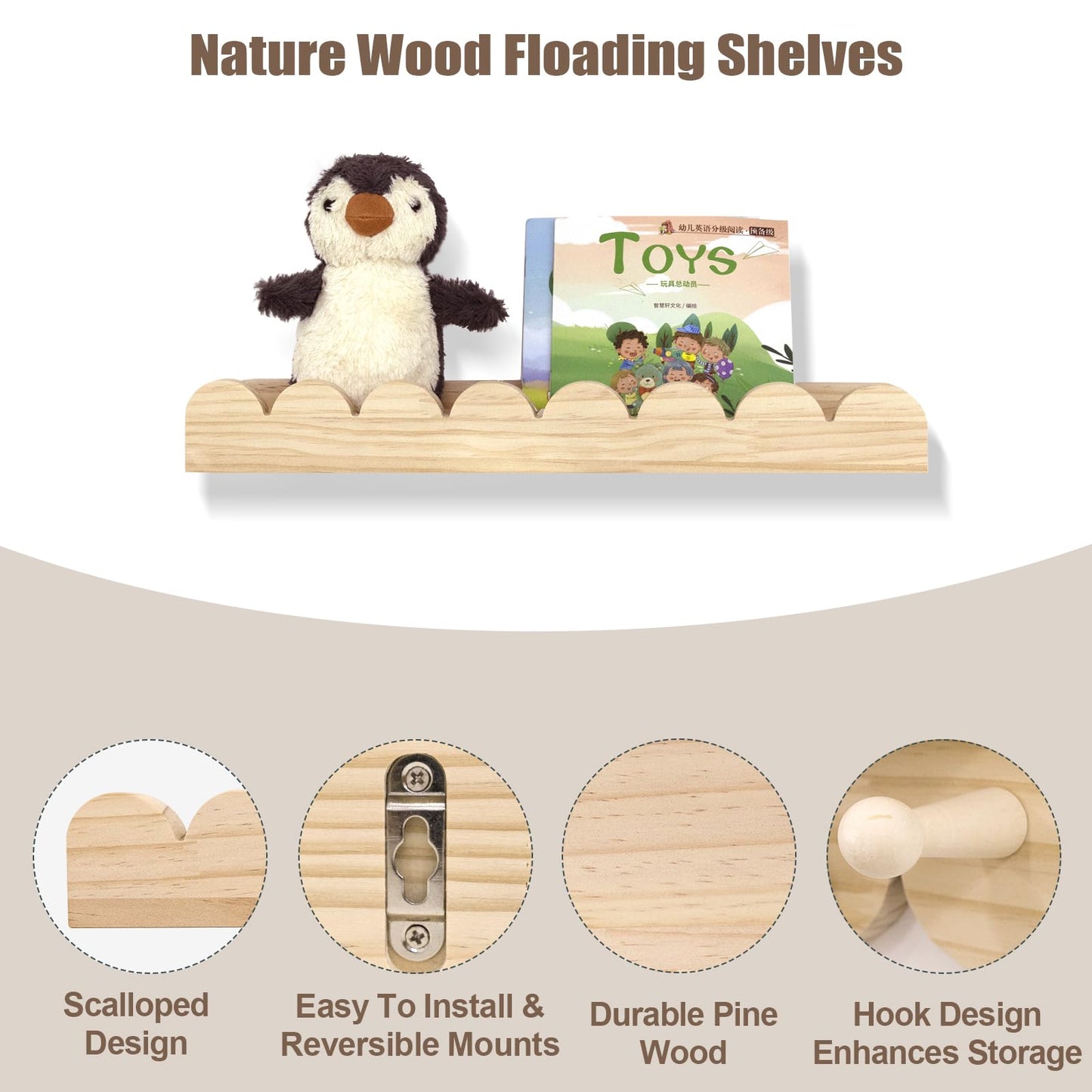 icnjdMopclean Nursery Shelves for Wall with Hooks-Scalloped Wall Book Shelves for Bedroom Kids Set of 3, Nursery Furniture Must Have, 16 Inch, Natural