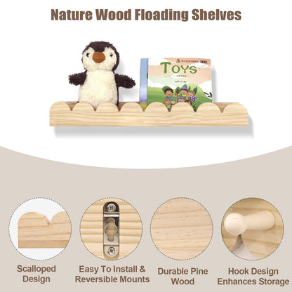 icnjdMopclean Nursery Shelves for Wall with Hooks-Scalloped Wall Book Shelves for Bedroom Kids Set of 3, Nursery Furniture Must Have, 16 Inch, Natural