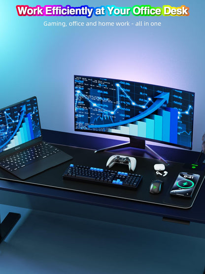 Mouse Pad with Wireless Charging, Large Desk Mat RGB Gaming Mousepad, 10 Light Colors LED Gaming Pad Keyboard Pad with Ultra-Smooth Surface & Non-Slip Rubber Base, Waterproof Full Desk Mouse Pad