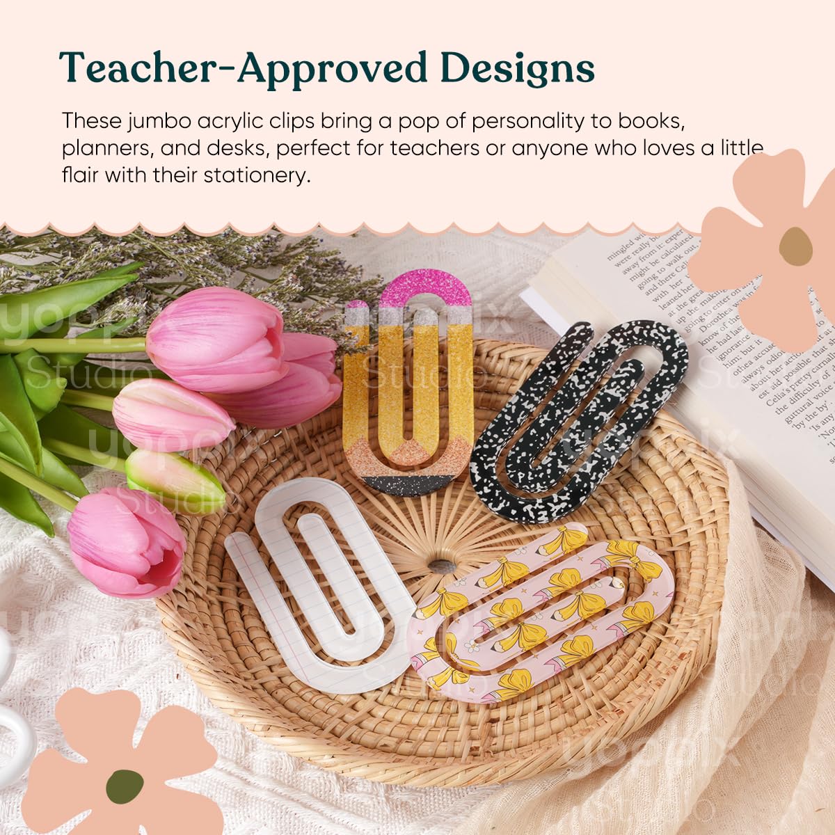 YOPPIX 12 Pcs Jumbo Teacher Acrylic Paper Clips Teacher Appreciation Cute Penci Paperclip Design for Office Classroom Bookmark Gift Book Lovers, Back to School Supplies