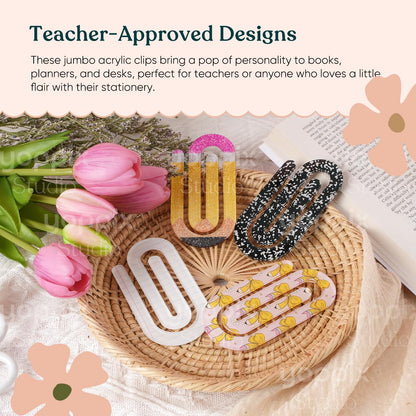 YOPPIX 12 Pcs Jumbo Teacher Acrylic Paper Clips Teacher Appreciation Cute Penci Paperclip Design for Office Classroom Bookmark Gift Book Lovers, Back to School Supplies