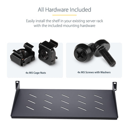 StarTech.com 1U Vented Server Rack Shelf, 12in/31.5cm Mounting Depth, for 19" Rack/Cabinet, SPCC Steel, Max 25lb/11.3kg