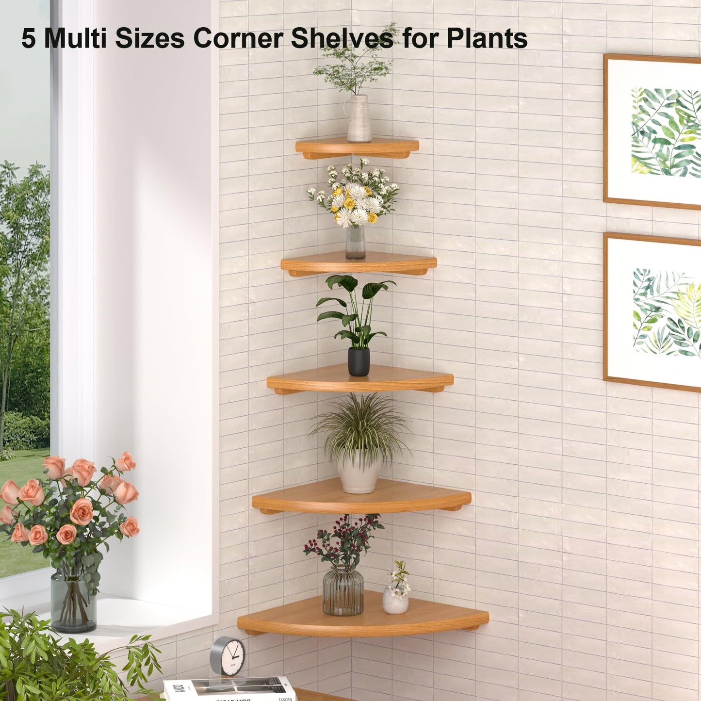 Gieanoo Floating Corner Shelves for Wall Set 2 16inch Solid Oak Rounded Corner Shelves Wall Mounted with Cable Hole Wood Corner Hanging Shelves for Living Room Bedroom Bathroom Kitchen