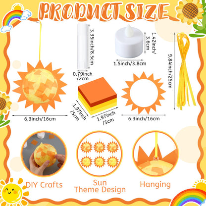 Simgoing 12 Set Sun Craft Kits with LED Candlelight Gold Sun DIY Art Tissue Paper Craft Summer Hanging Ornaments 3D Suncatcher Decoration for Summer Home School Classroom Party Decoration Art Activity