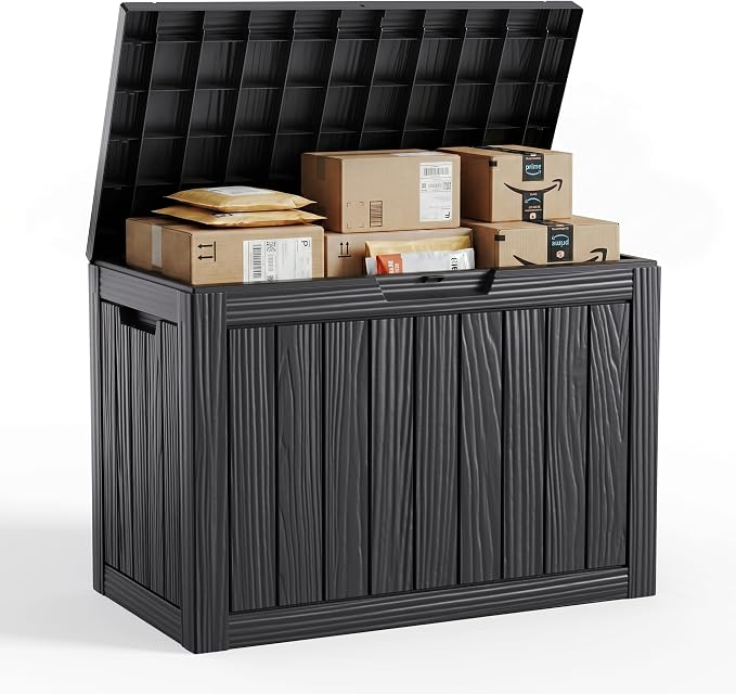 PatioZen 50 Gallon Package Delivery Boxes for Outside, Lokable Secure Resin Package Delivery Box with Lid, Weatherproof and Anti-Theft Storage for Outdoor Front Door, Porch, Curbside, House (Black)
