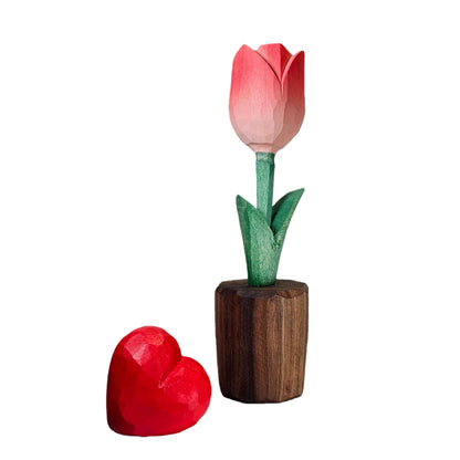 Hand Carved Wooden Tulip Flower with Red Heart Figurine in Gift Box - Everlasting Wood Sculpture for 5th, Valentine’s Day - Painted Faceted Floral Art (Blossom Pink)
