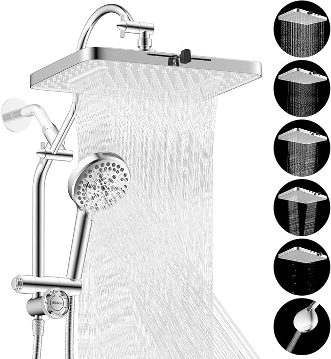 Hibbent cUPC Certified 13'' Shower Head Combo, High Pressure 5 Spray White Rainfall Showerhead, 10 Spray Handheld, All Metal Easy Reach 4-way Diverter Arm with Pause Mode, 71'' Hose and Holder, Chrome