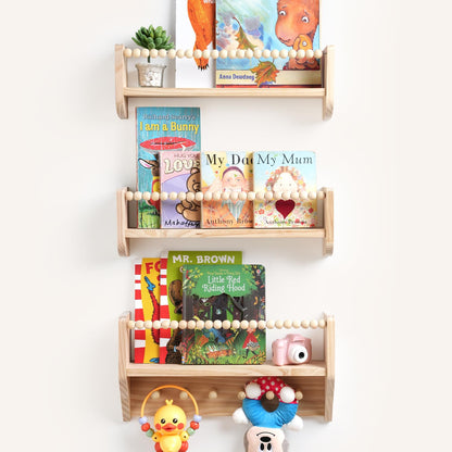HiMummy Nursery Floating Shelves for Kids Rooms – 16 Inches Floating Wall Bookshelves, Space - Saving for Kids Room, Bedroom and Study Room,Set of 3 (Pre-Strung Bead Strings)