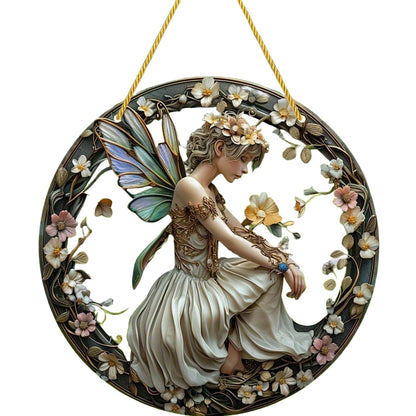 VTYFRY Flower Fairy Garden Decorations Angel Wing Christmas Halloween Deco Statue Art Elf Sculpture Hanging Craft for Outdoor Yard Courtyard Lawn Patio Window Acrylic Ornament Home Gift (B,S: 6*6 IN)