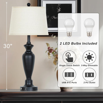Cinyirong 30" Tall Table Lamps Set of 2, Touch Control Bedside Lamp with USB A+C Ports and AC Outlet, 3-Way Dimmable Modern Metal Nightstand Lamp for Bedroom Living Room, 2 LED Bulbs Included, Black