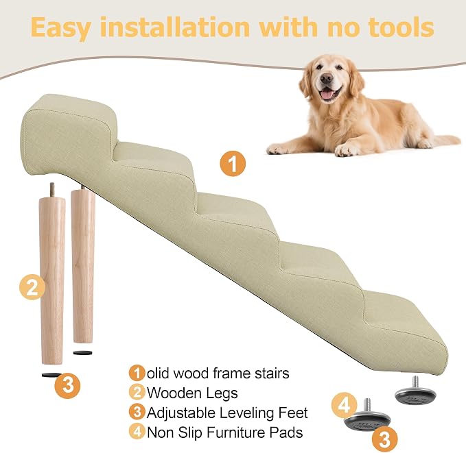 5-Step 23.6" H Dog Stairs for Bed Couch, Waterproof & Scratch PU Leather Pet Steps for Senior Large Dogs and Cats, Dog Ramp with 220 lbs Maximum, Oak Leg & Solid Wood, Non-Slip Feet, Cream