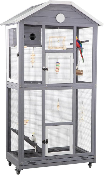 Gowoodhut Outdoor Bird Cage Large, Wooden Flight Aviary with Perches, Nest Habitat, and Easy-Clean Pull Out Tray for Parakeets, Macaws, and More