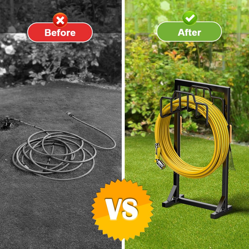 Skycarper Garden Hose Reel Holder Detachable Metal Water Hose Hanger Organizer Heavy Duty Free Standing Hose Stand,Black