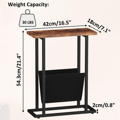 Yusong Narrow Side Table for Small Spaces, Small End Table with Magazine Holder, Skinny Slim Little Thin Table for Living Room, Bedroom, Sofa, Rustic Brown