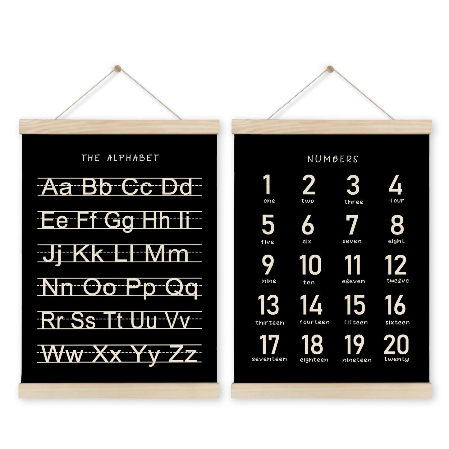 HRQKO Black Alphabet Numbers Poster Hanger Frame Set of 2, Nursery Wall Decor, ABC Poster Wall Art with Wooden Frames, Alphabet Banner Wall Hanging Decor for Playroom Boy Toddler Room, 12x16 Inch