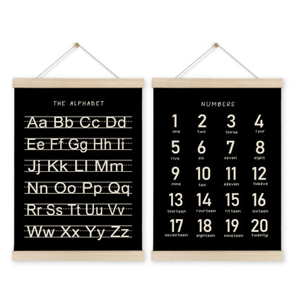 HRQKO Black Alphabet Numbers Poster Hanger Frame Set of 2, Nursery Wall Decor, ABC Poster Wall Art with Wooden Frames, Alphabet Banner Wall Hanging Decor for Playroom Boy Toddler Room, 12x16 Inch